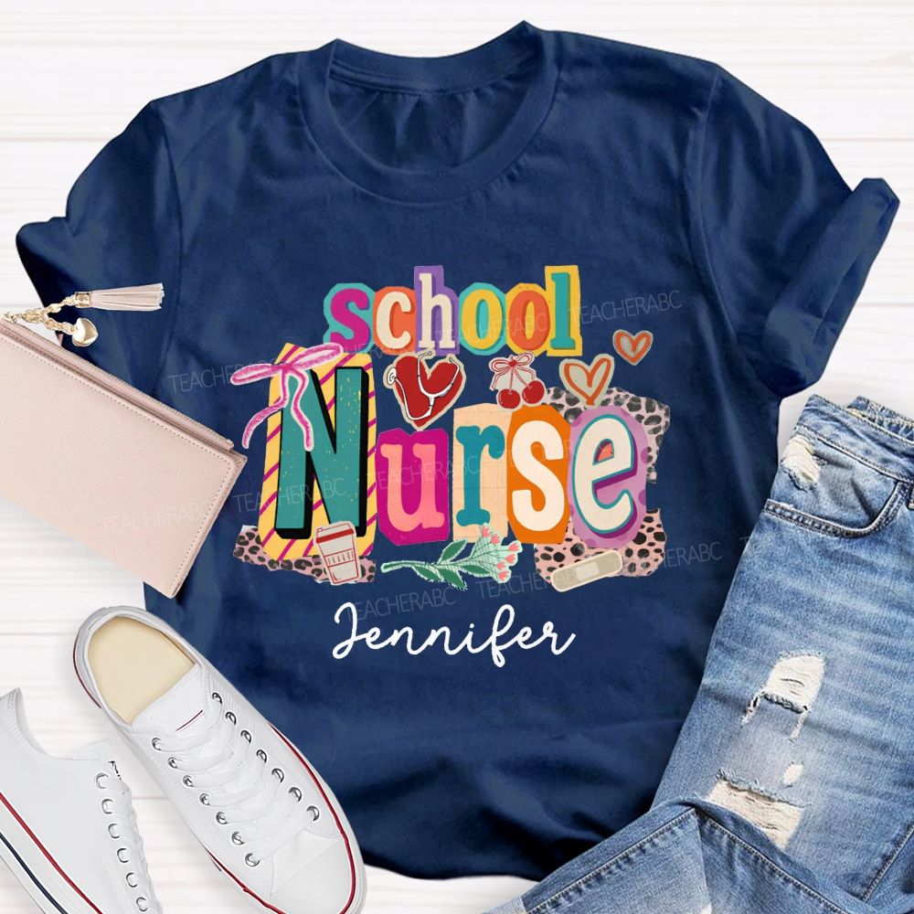 Personalized Name School Nurse Coquette Bow Heart Stethoscope T-shirt