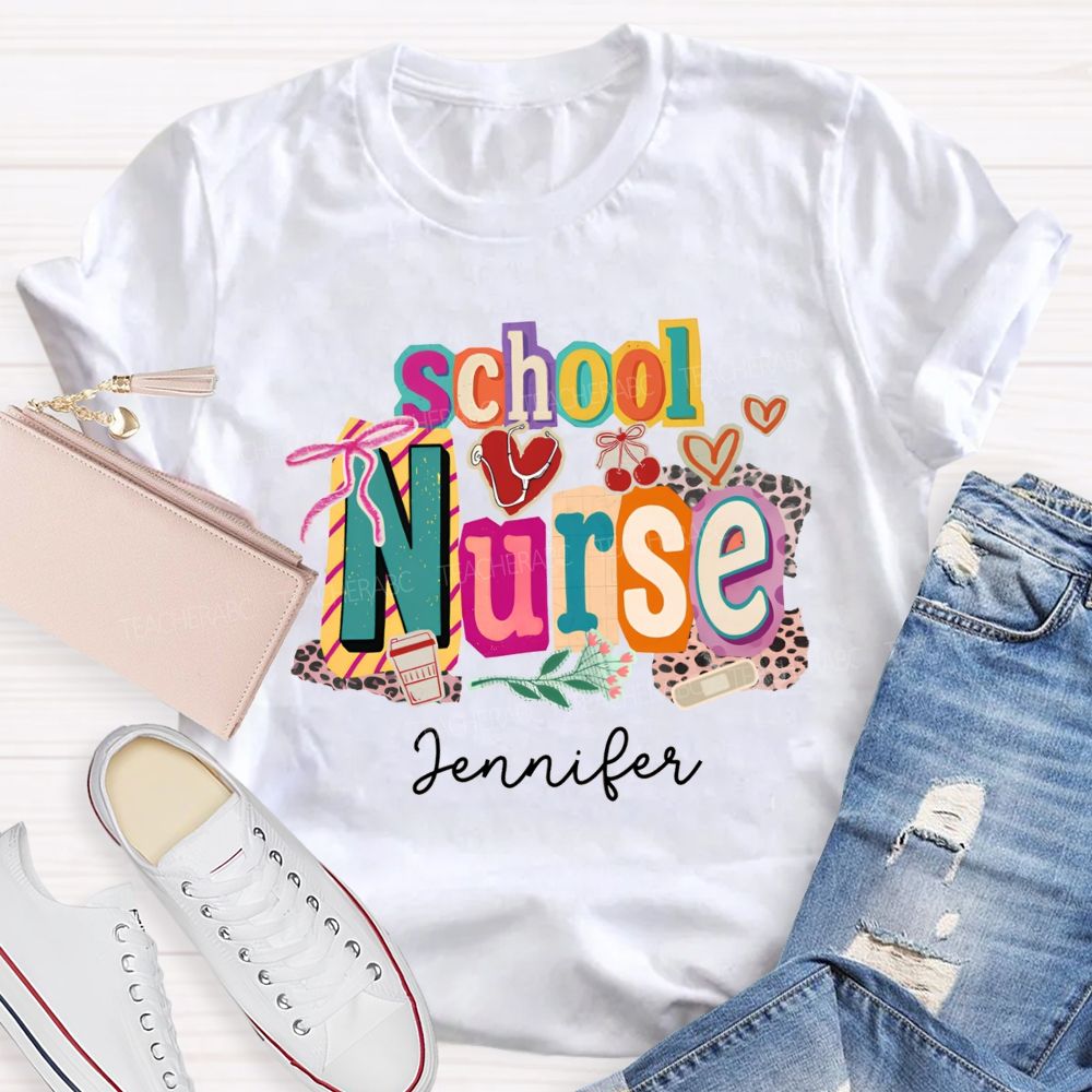 Personalized Name School Nurse Coquette Bow Heart Stethoscope T-shirt