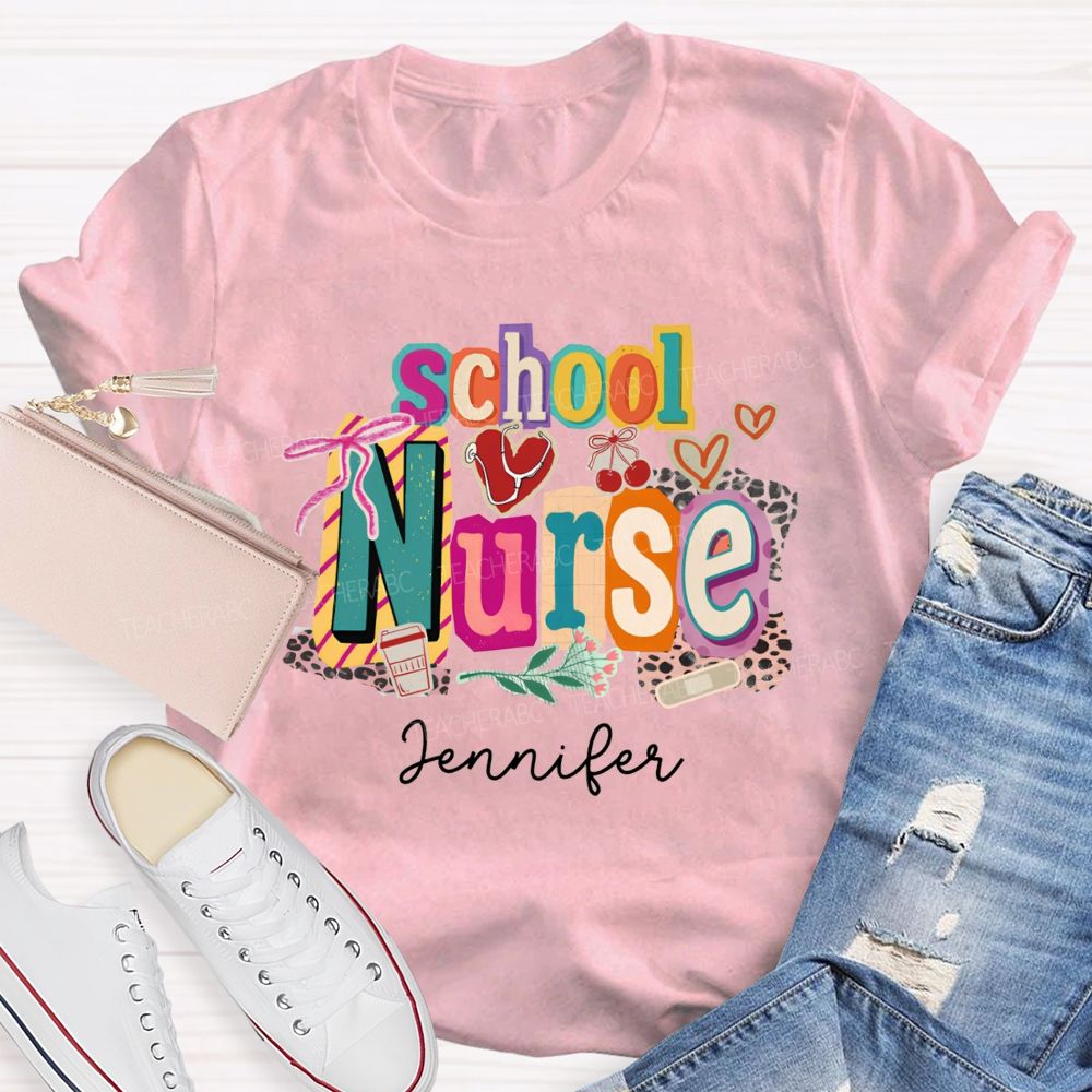 Personalized Name School Nurse Coquette Bow Heart Stethoscope T-shirt
