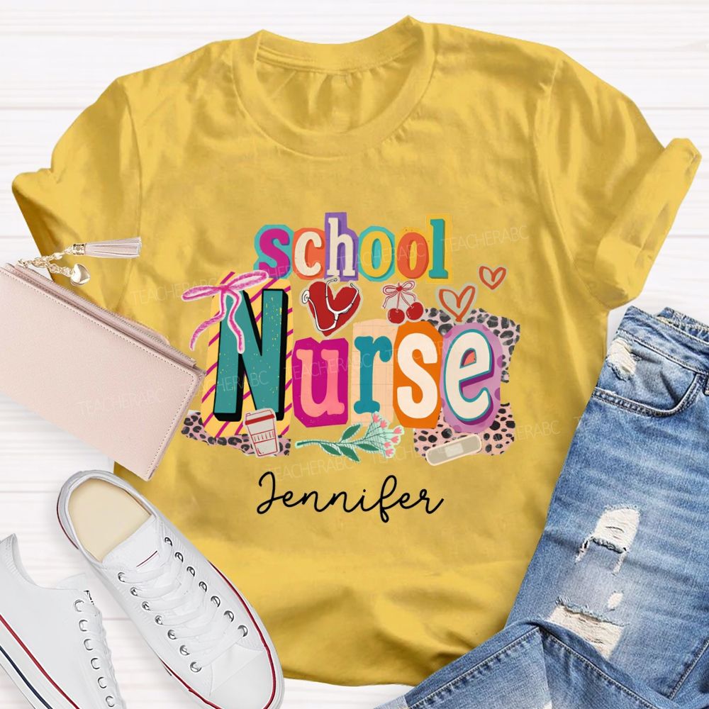 Personalized Name School Nurse Coquette Bow Heart Stethoscope T-shirt