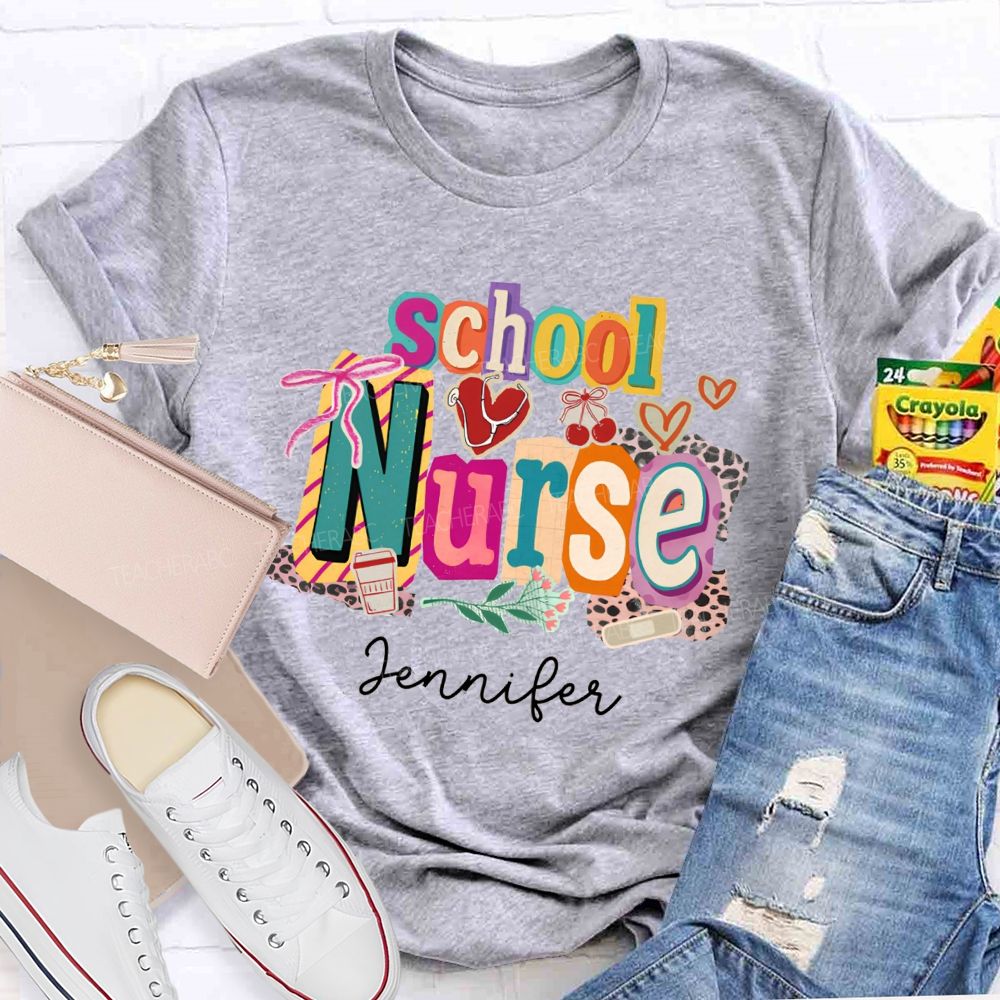 Personalized Name School Nurse Coquette Bow Heart Stethoscope T-shirt