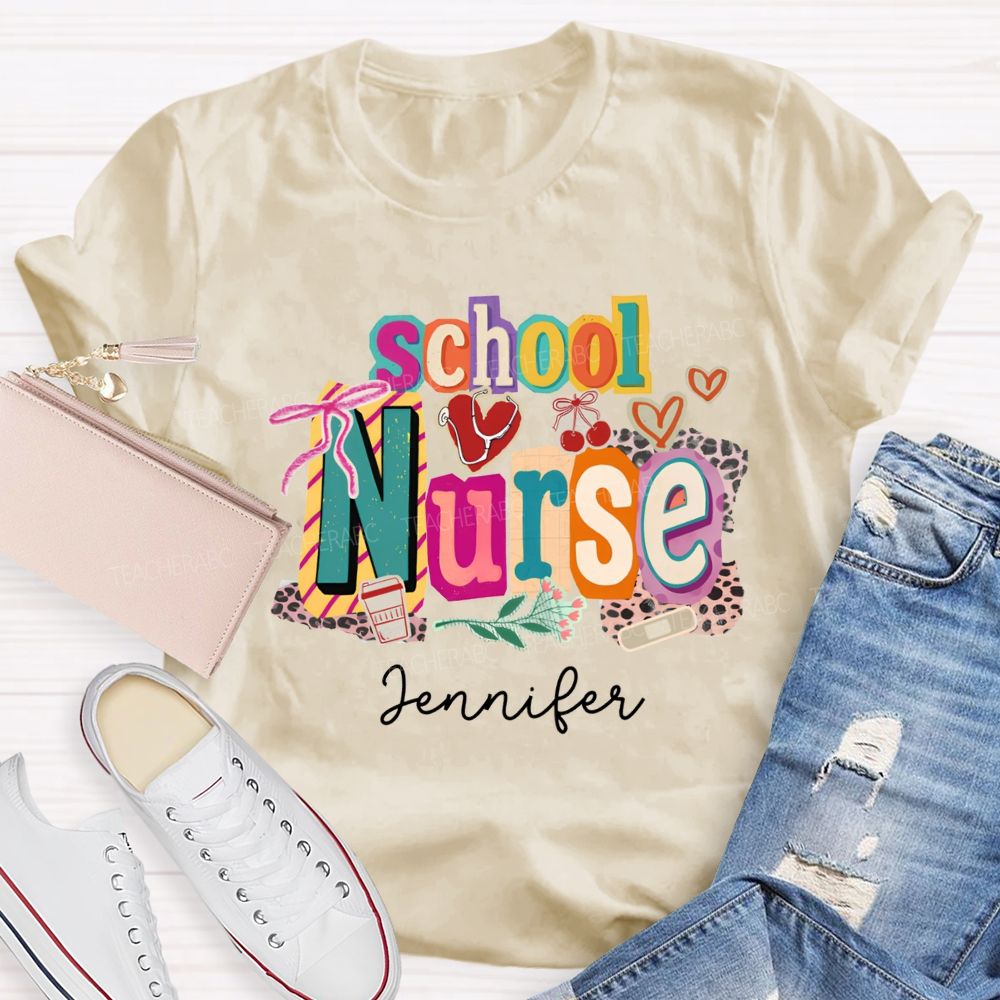 Personalized Name School Nurse Coquette Bow Heart Stethoscope T-shirt