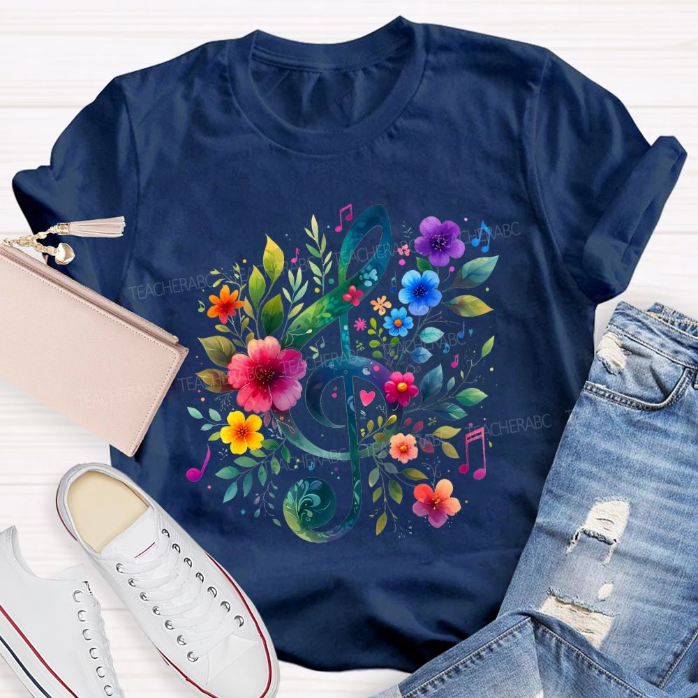 Floral Treble Clef Watercolor Music Note Teacher T-shirt