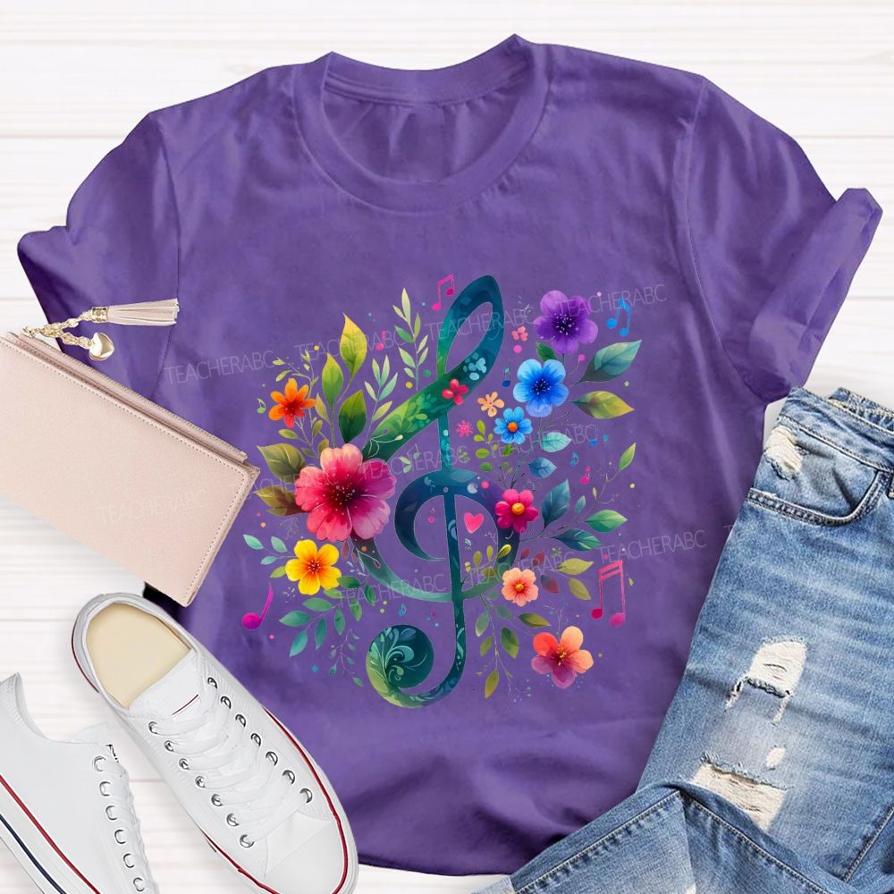 Floral Treble Clef Watercolor Music Note Teacher T-shirt