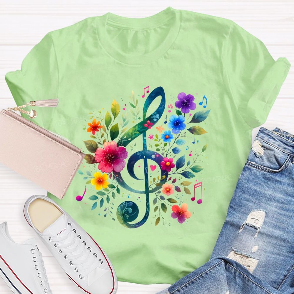 Floral Treble Clef Watercolor Music Note Teacher T-shirt