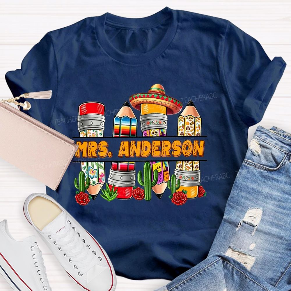 Personalized Name Spanish Vintage Flower Pencil Teacher T-shirt