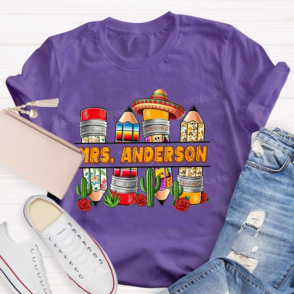 Personalized Name Spanish Vintage Flower Pencil Teacher T-shirt