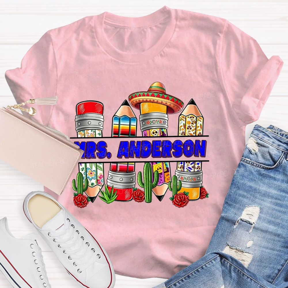 Personalized Name Spanish Vintage Flower Pencil Teacher T-shirt
