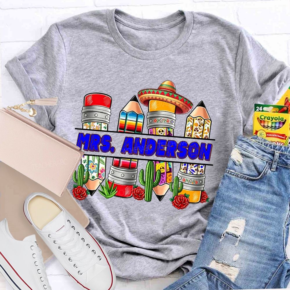 Personalized Name Spanish Vintage Flower Pencil Teacher T-shirt