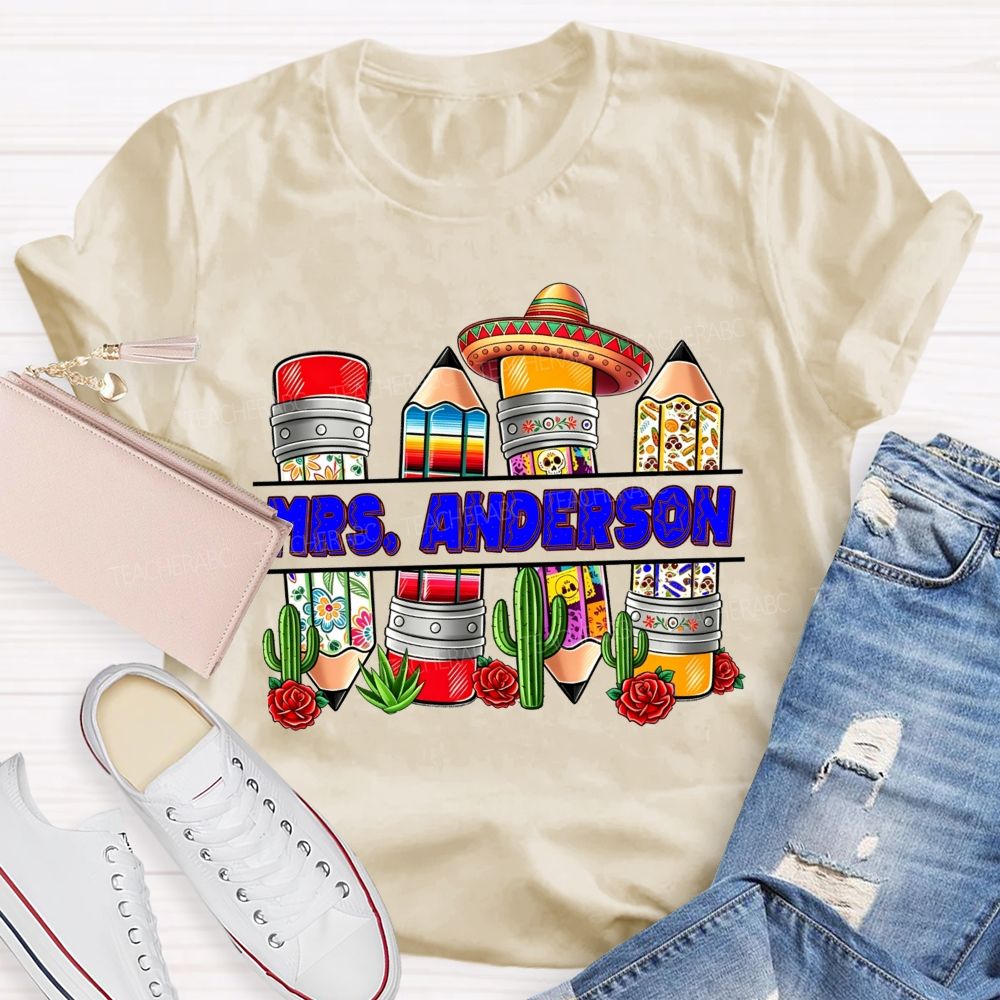 Personalized Name Spanish Vintage Flower Pencil Teacher T-shirt