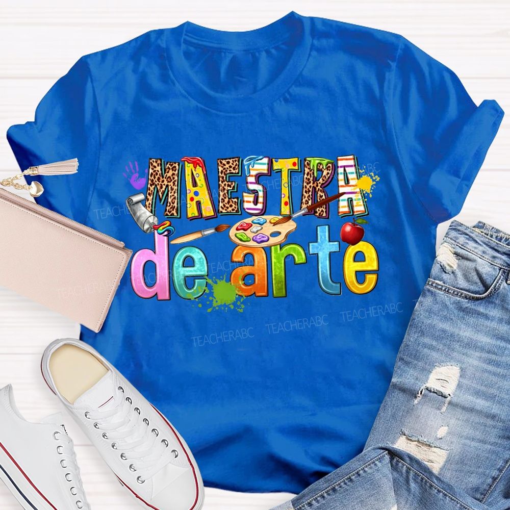 Maestra De Arte Leopard Stripe Letter Paint Palette Art Teacher T-shirt