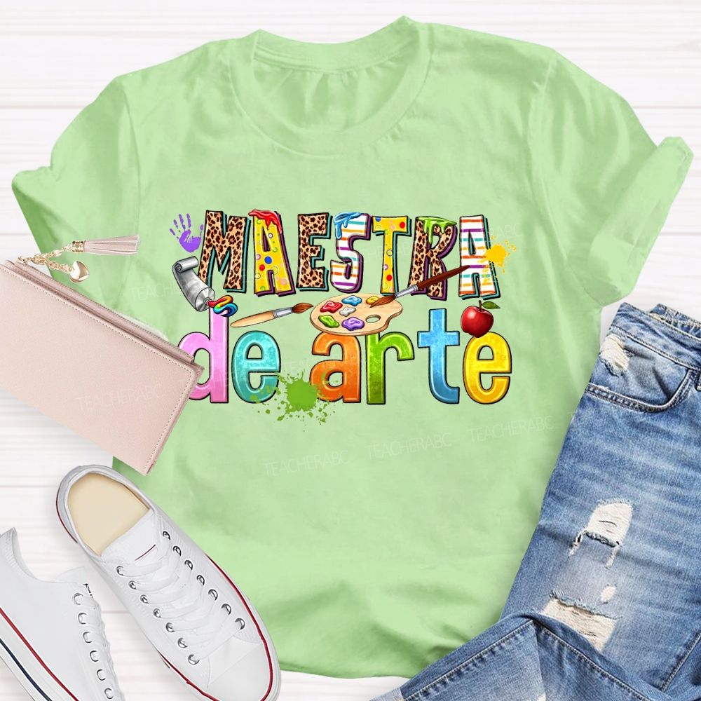 Maestra De Arte Leopard Stripe Letter Paint Palette Art Teacher T-shirt