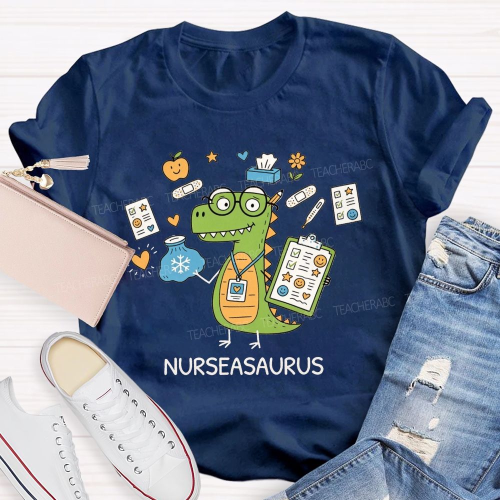 Nurseasaurus Cartoon Dinosaur School Nurse T-shirt