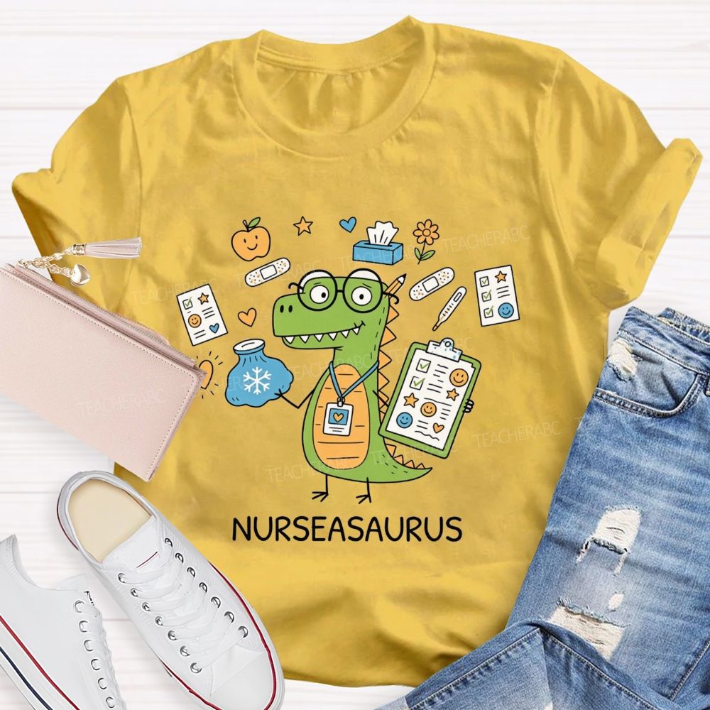 Nurseasaurus Cartoon Dinosaur School Nurse T-shirt