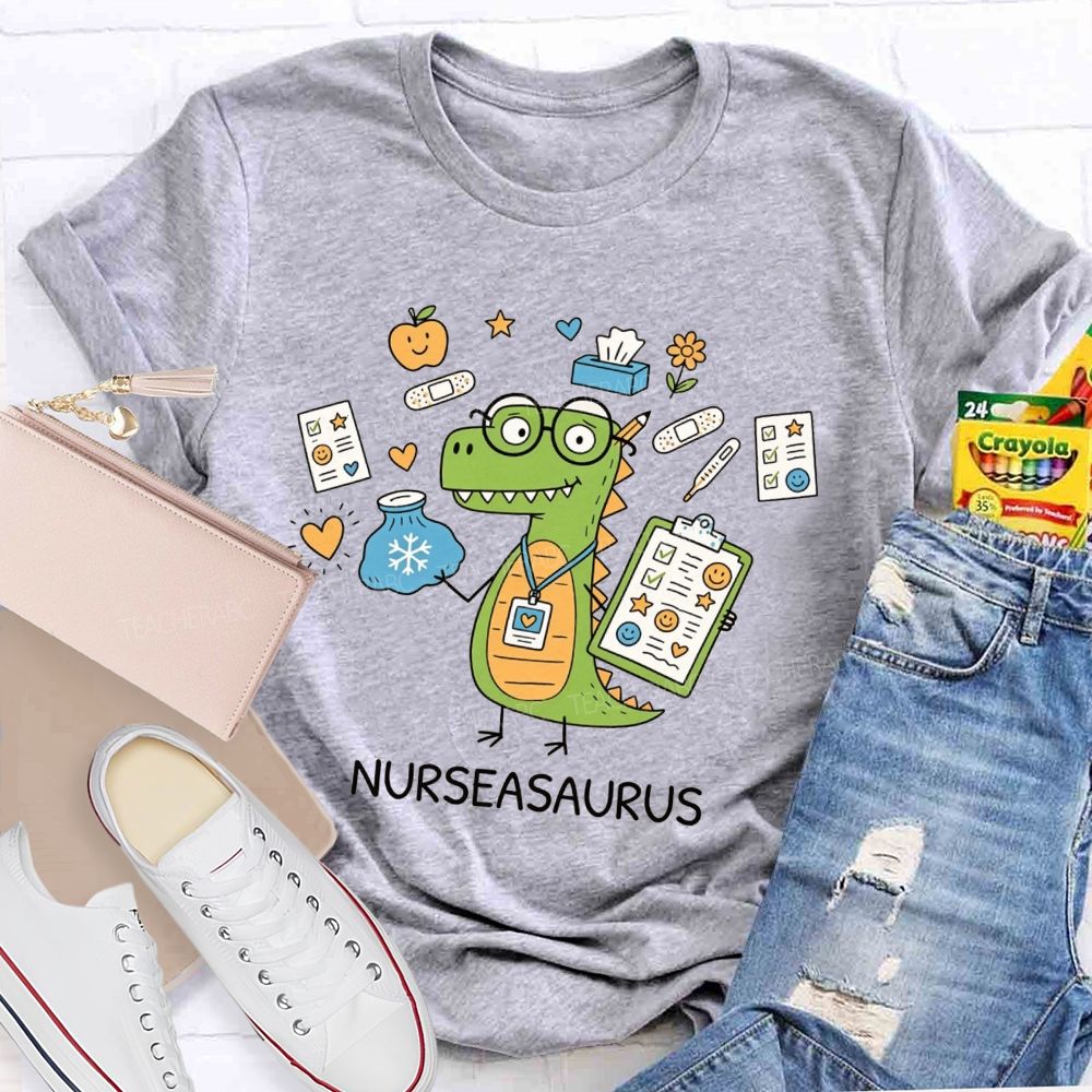 Nurseasaurus Cartoon Dinosaur School Nurse T-shirt