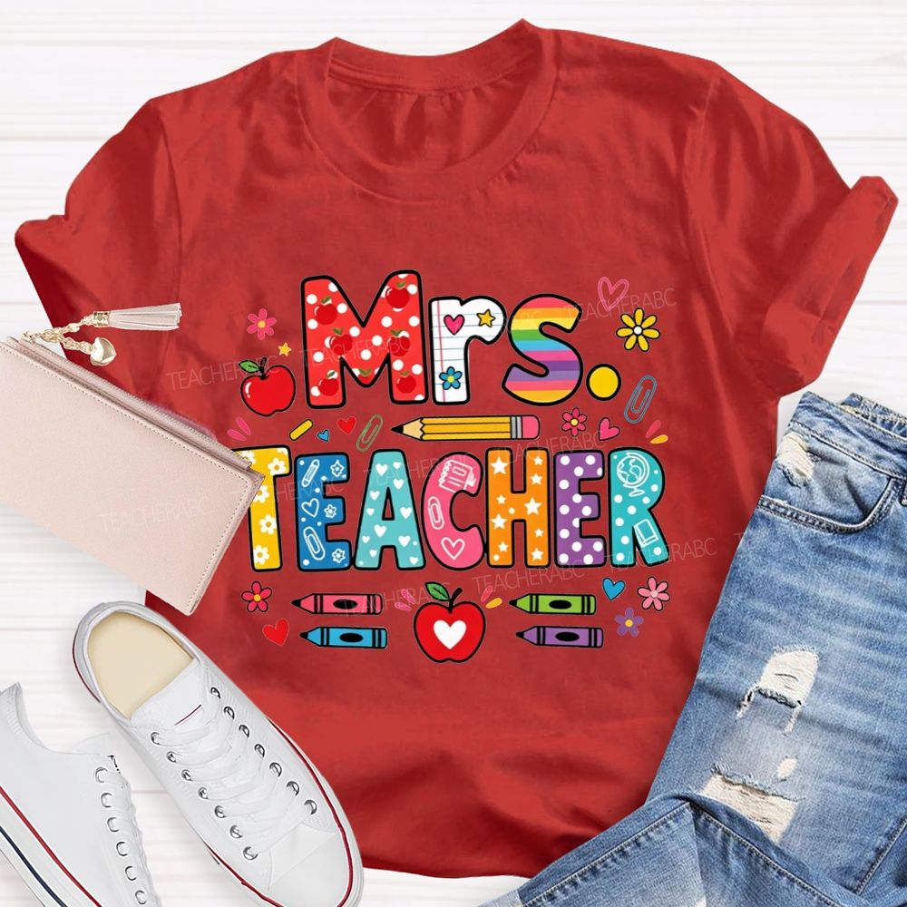 Personalized Name Teacher Colorful Pattern Bubble Letter Apple Crayon Pencil Teacher T-shirt