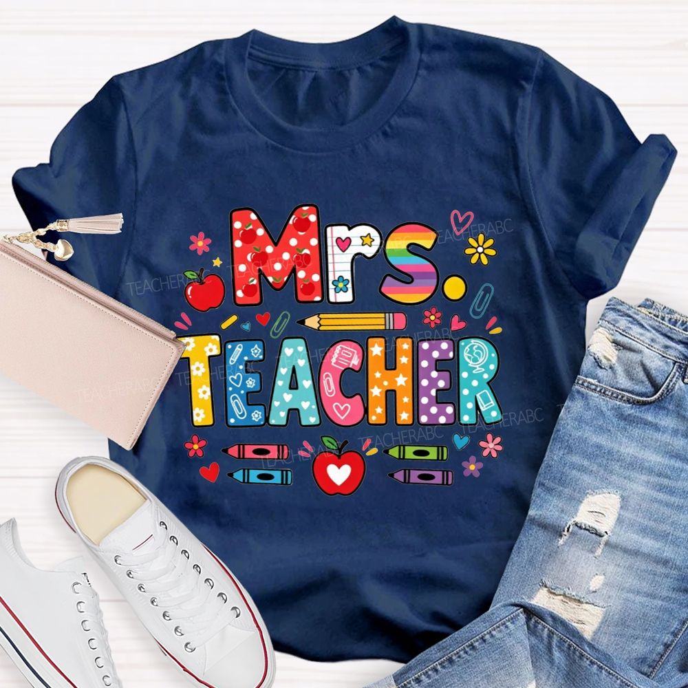 Personalized Name Teacher Colorful Pattern Bubble Letter Apple Crayon Pencil Teacher T-shirt