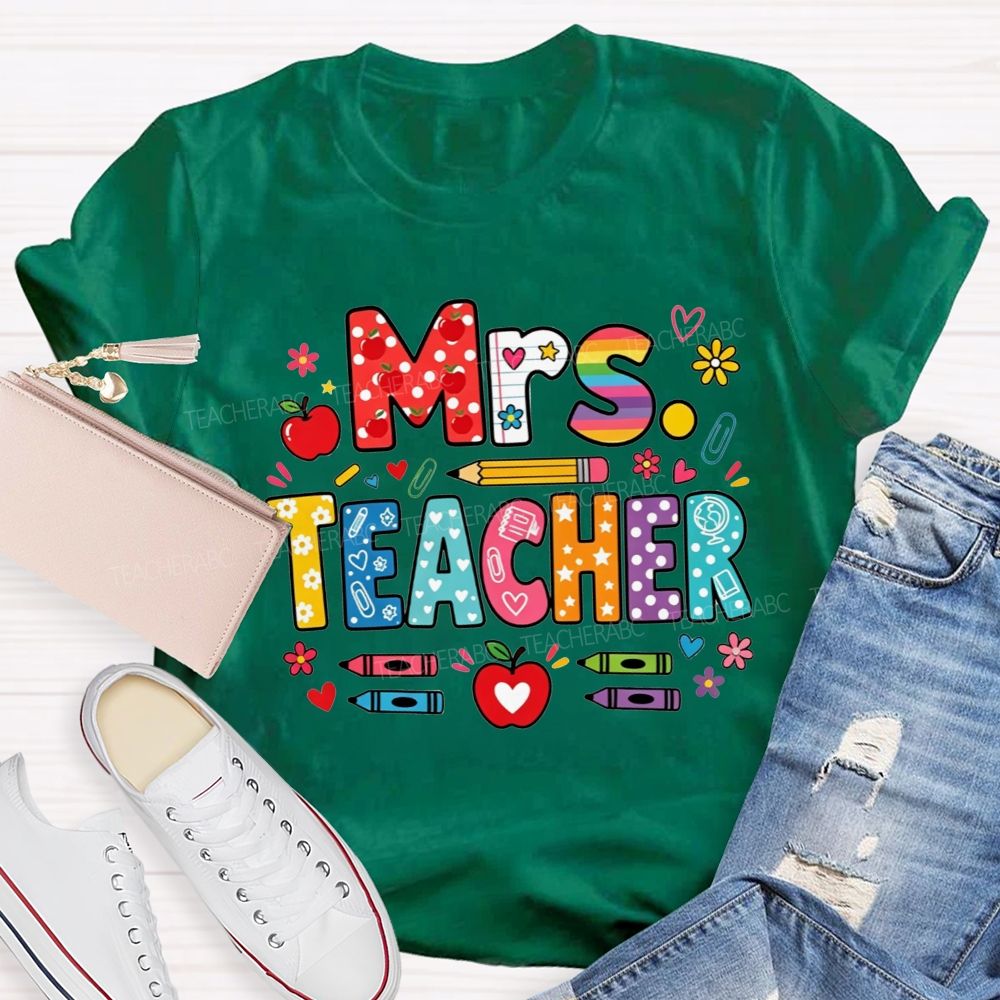 Personalized Name Teacher Colorful Pattern Bubble Letter Apple Crayon Pencil Teacher T-shirt