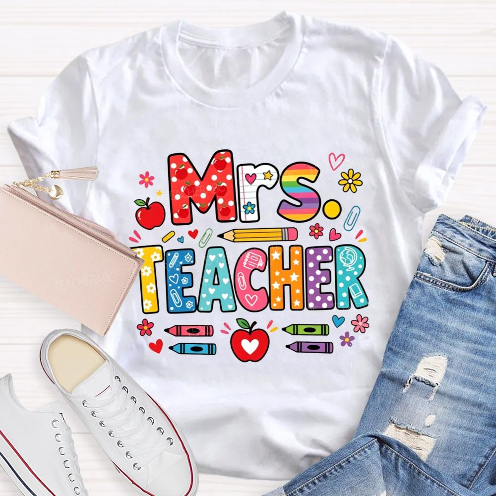 Personalized Name Teacher Colorful Pattern Bubble Letter Apple Crayon Pencil Teacher T-shirt
