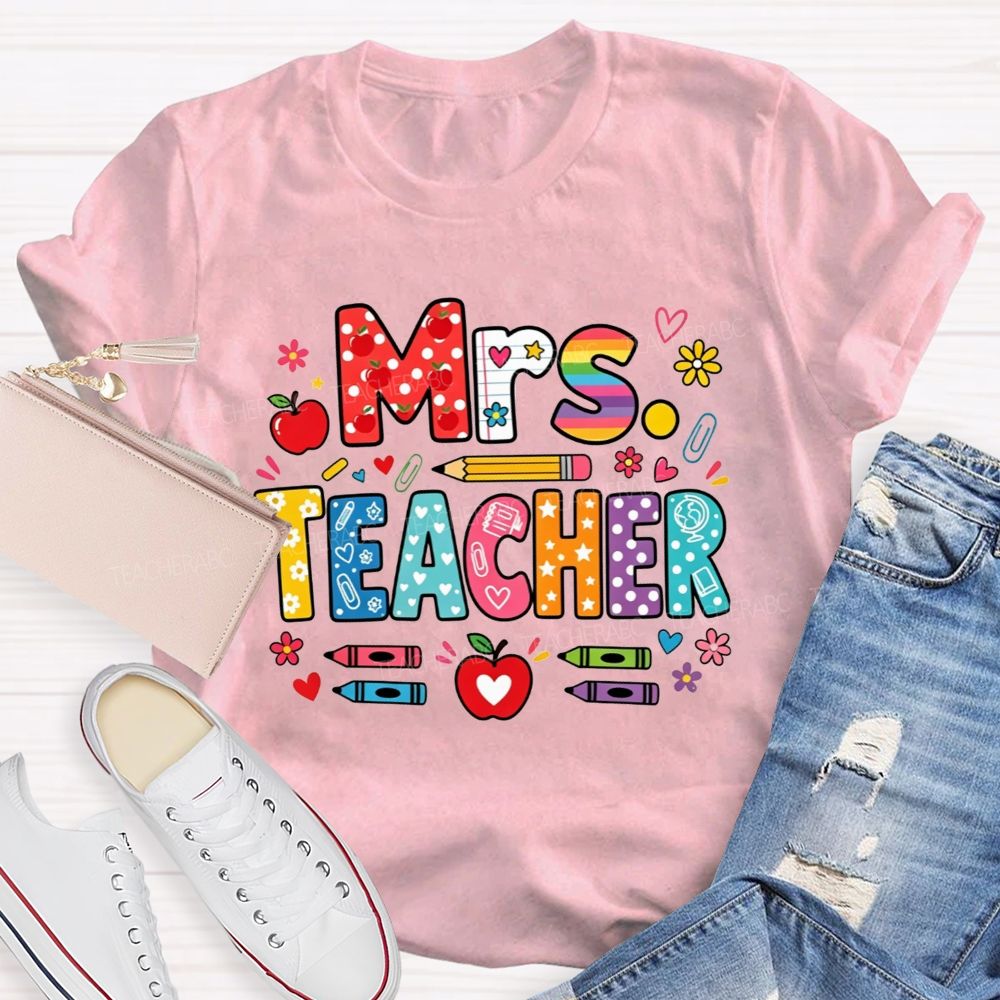 Personalized Name Teacher Colorful Pattern Bubble Letter Apple Crayon Pencil Teacher T-shirt