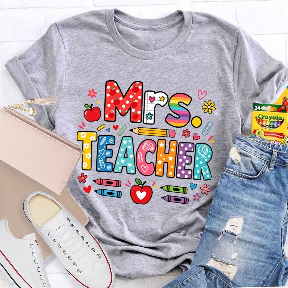 Personalized Name Teacher Colorful Pattern Bubble Letter Apple Crayon Pencil Teacher T-shirt