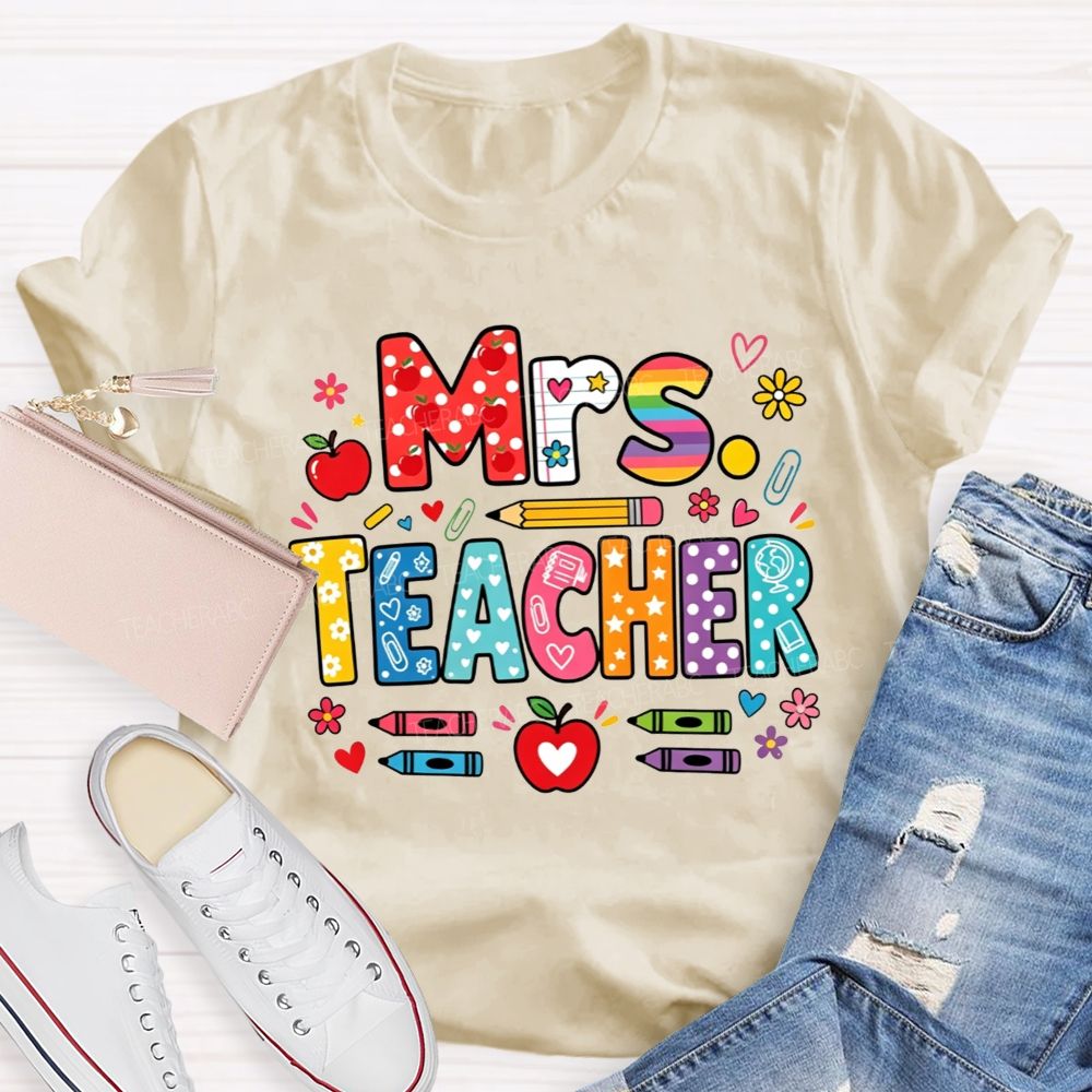 Personalized Name Teacher Colorful Pattern Bubble Letter Apple Crayon Pencil Teacher T-shirt