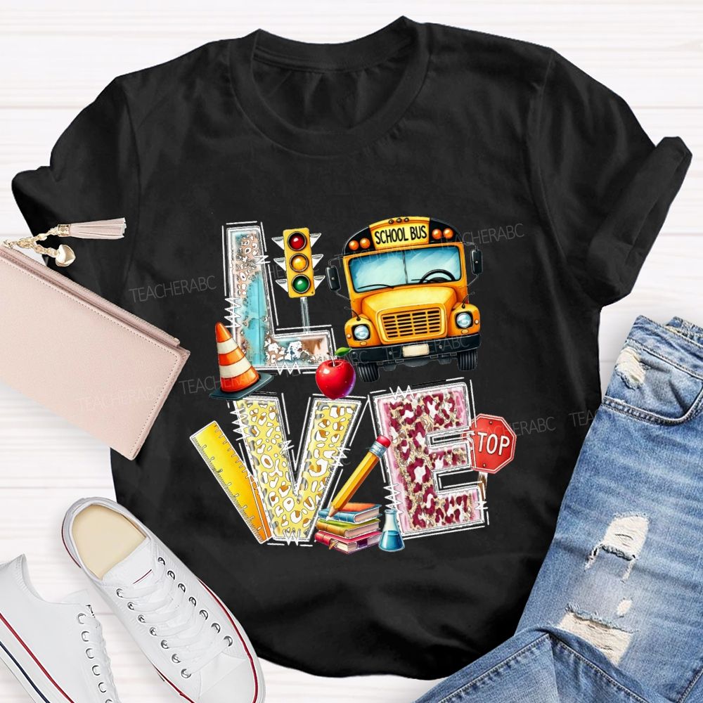 School Bus Driver Love My Job Leopard Letter Teacher T-Shirt
