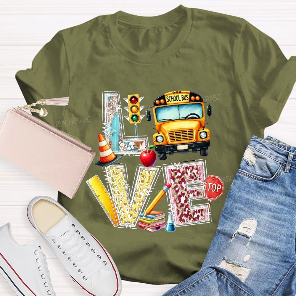 School Bus Driver Love My Job Leopard Letter Teacher T-Shirt