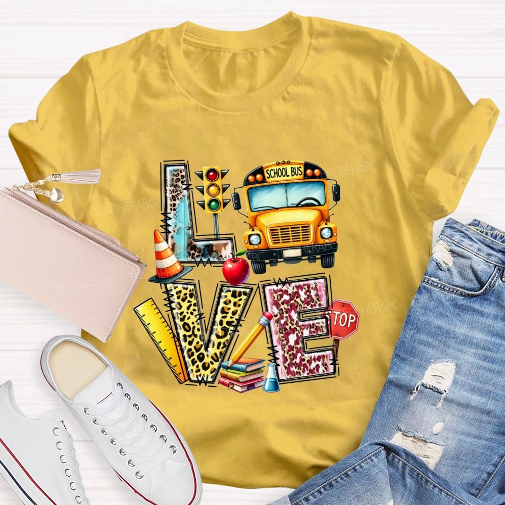 School Bus Driver Love My Job Leopard Letter Teacher T-Shirt