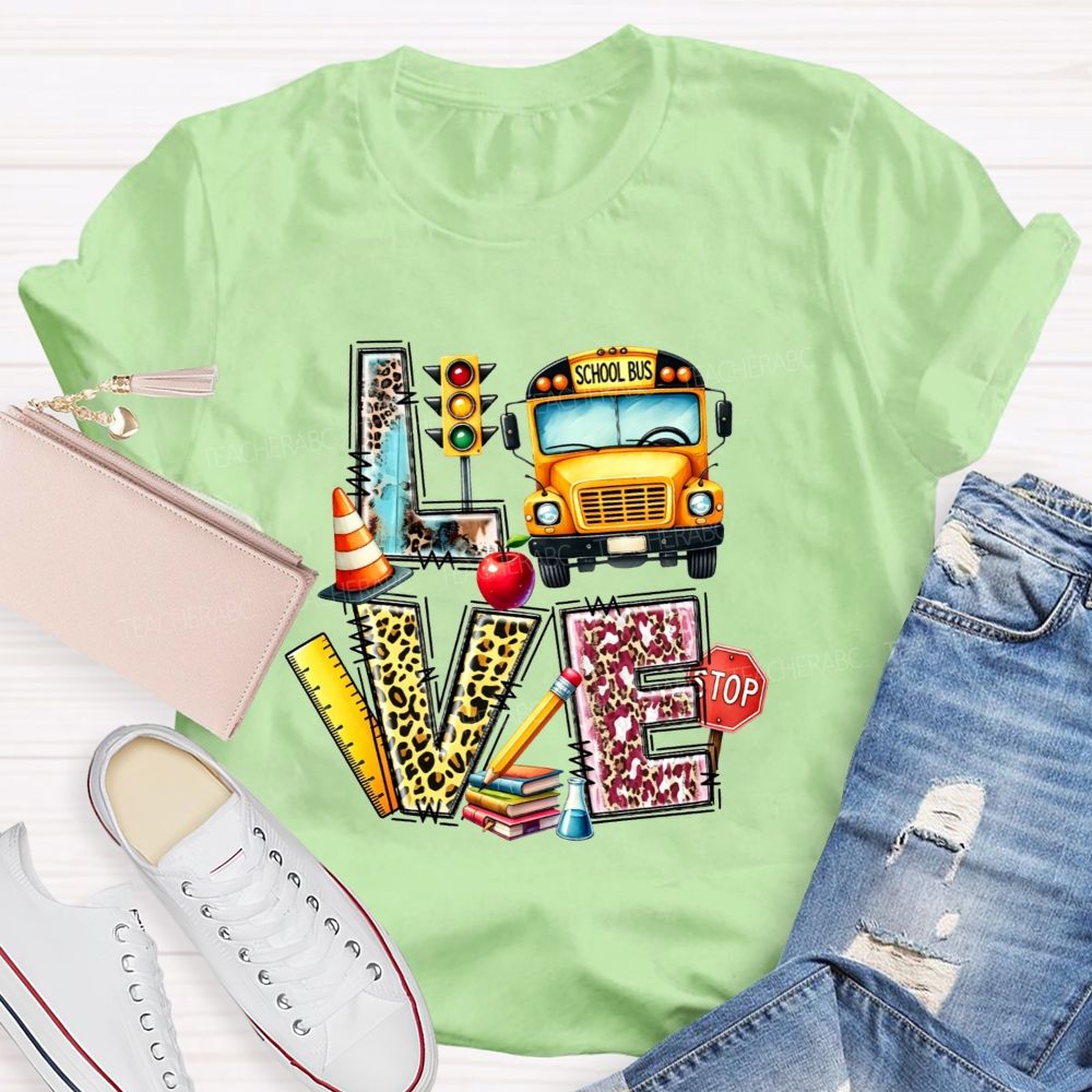 School Bus Driver Love My Job Leopard Letter Teacher T-Shirt