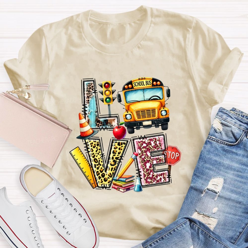 School Bus Driver Love My Job Leopard Letter Teacher T-Shirt