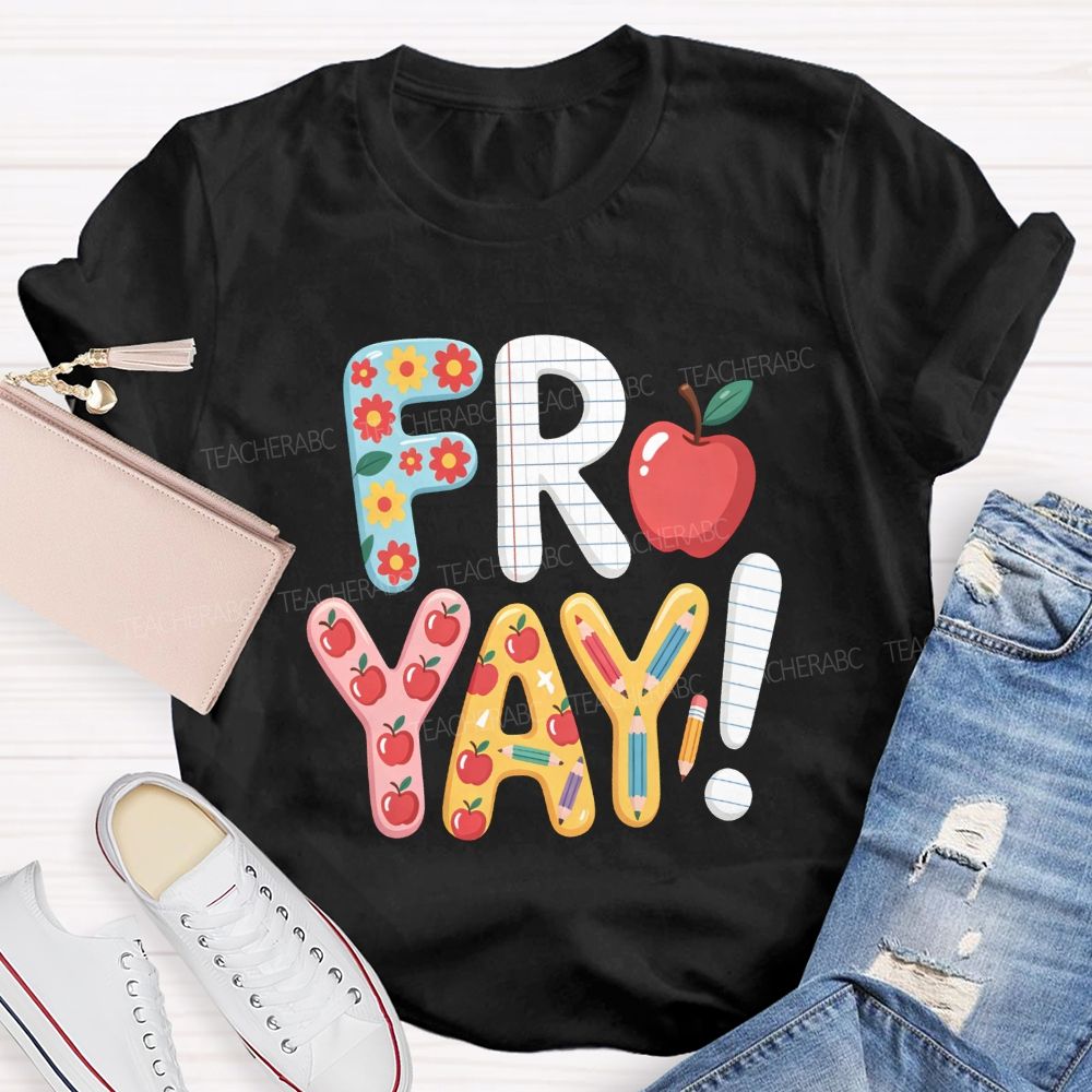 Friyay Happy Friday Flower Strip Teacher T-shirt
