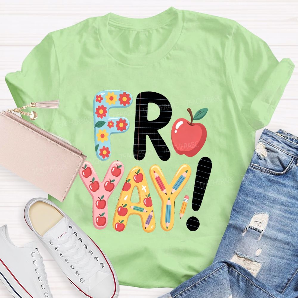 Friyay Happy Friday Flower Strip Teacher T-shirt