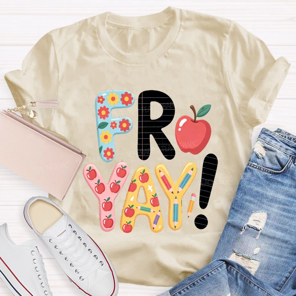 Friyay Happy Friday Flower Strip Teacher T-shirt