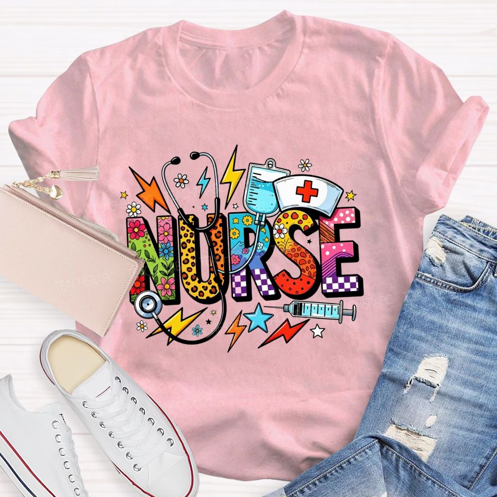 Colorful School Nurse Leopard Floral Nurse T-shirt