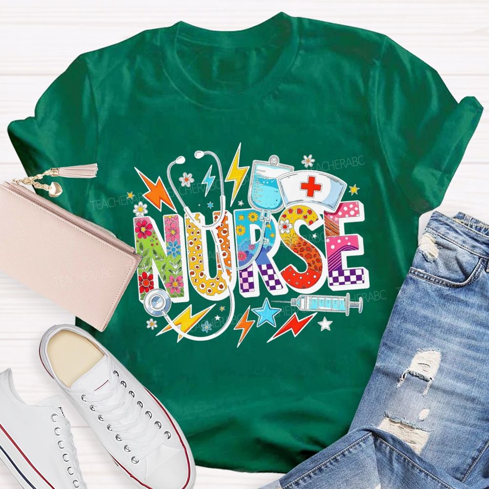 Colorful School Nurse Leopard Floral Nurse T-shirt