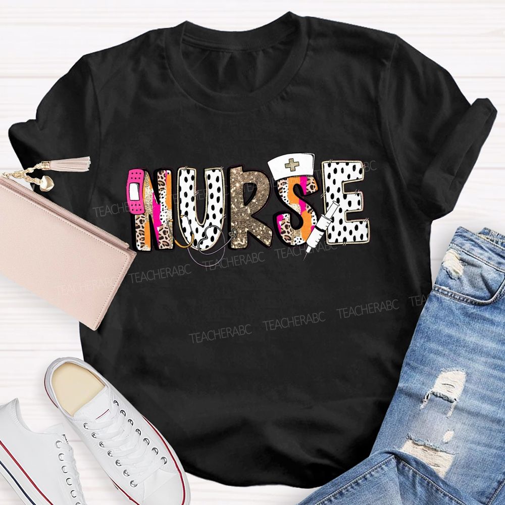 School Nurse Pink Leopard Glitter Teacher T-Shirt