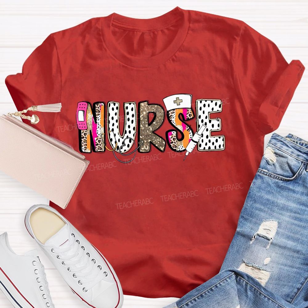 School Nurse Pink Leopard Glitter Teacher T-Shirt