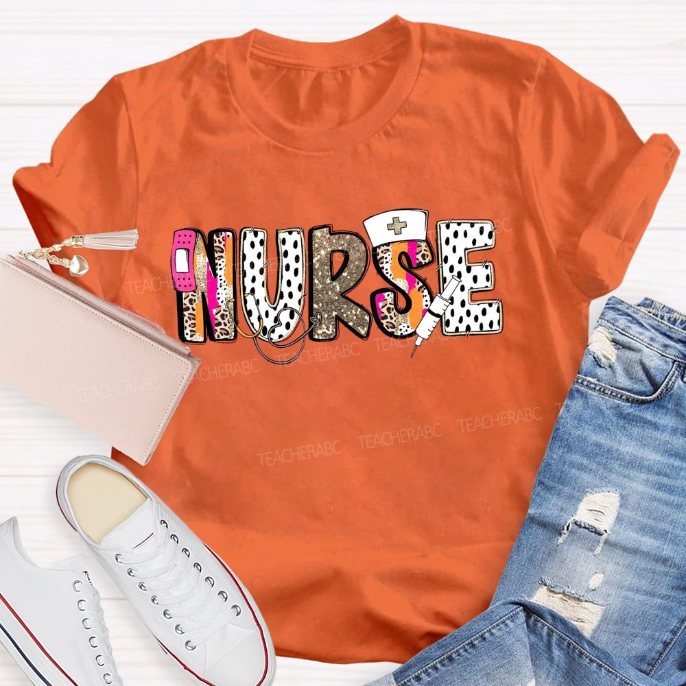 School Nurse Pink Leopard Glitter Teacher T-Shirt