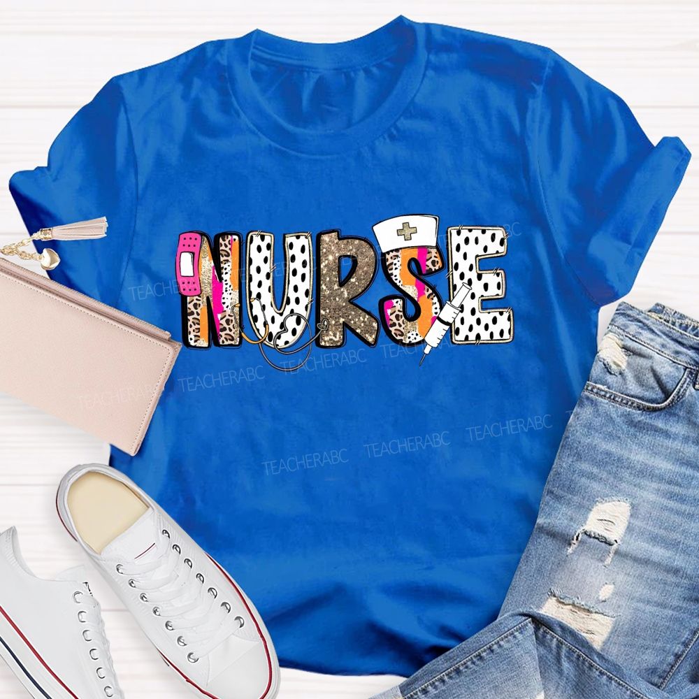 School Nurse Pink Leopard Glitter Teacher T-Shirt