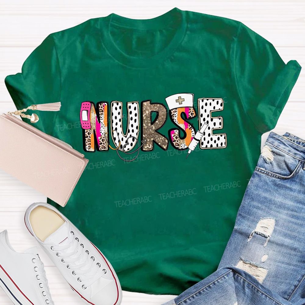 School Nurse Pink Leopard Glitter Teacher T-Shirt