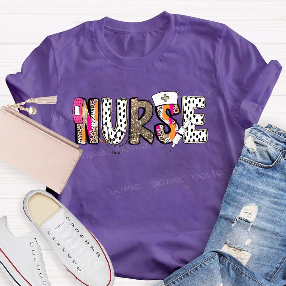 School Nurse Pink Leopard Glitter Teacher T-Shirt