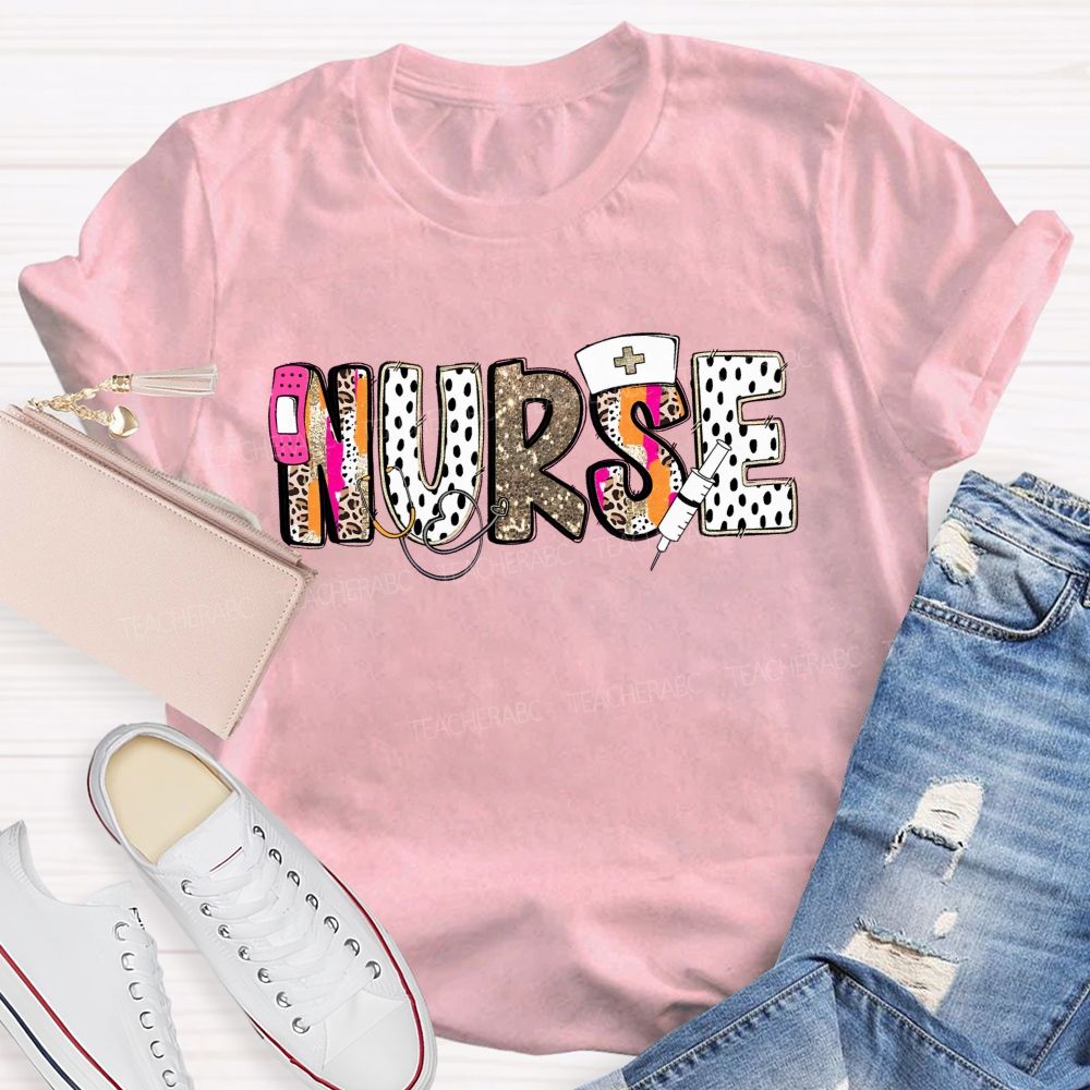 School Nurse Pink Leopard Glitter Teacher T-Shirt