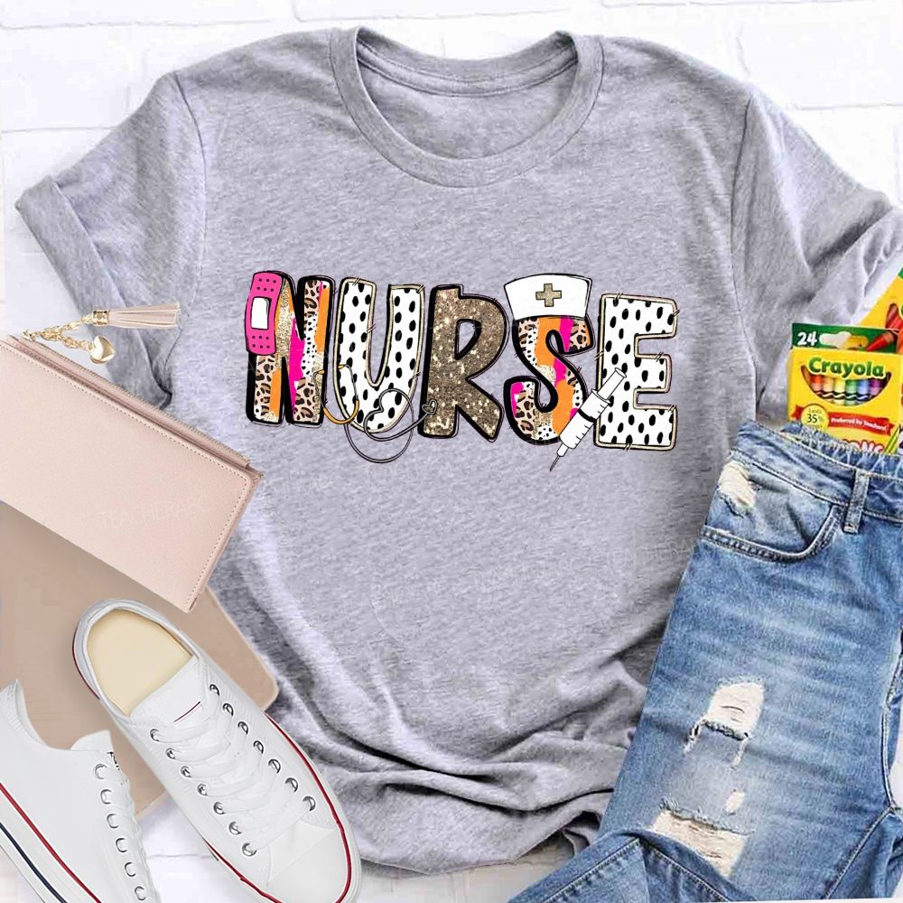 School Nurse Pink Leopard Glitter Teacher T-Shirt