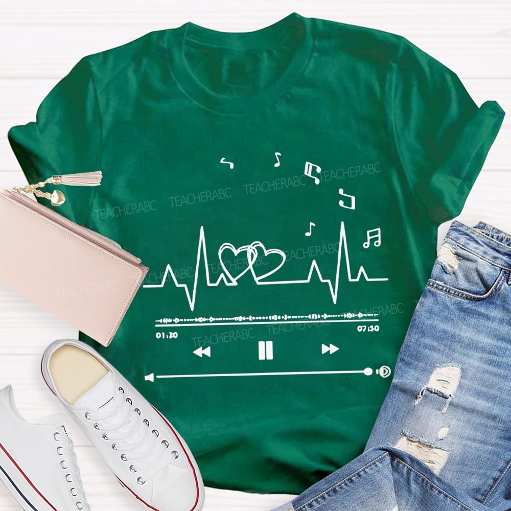Heartbeat Music Player Double Hearts Musical Notes Teacher T-shirt