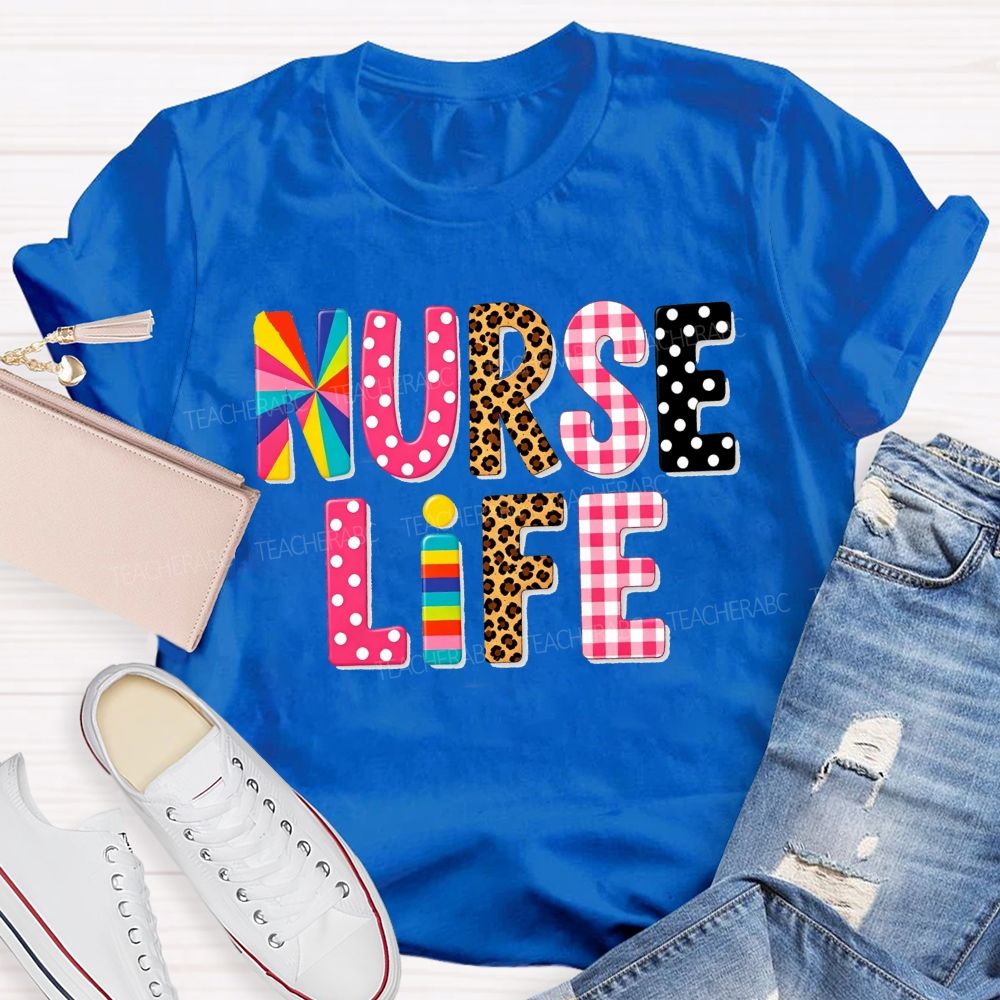 Nurse Life Pattern Letters Leopard Plaid Rainbow T-shirt
