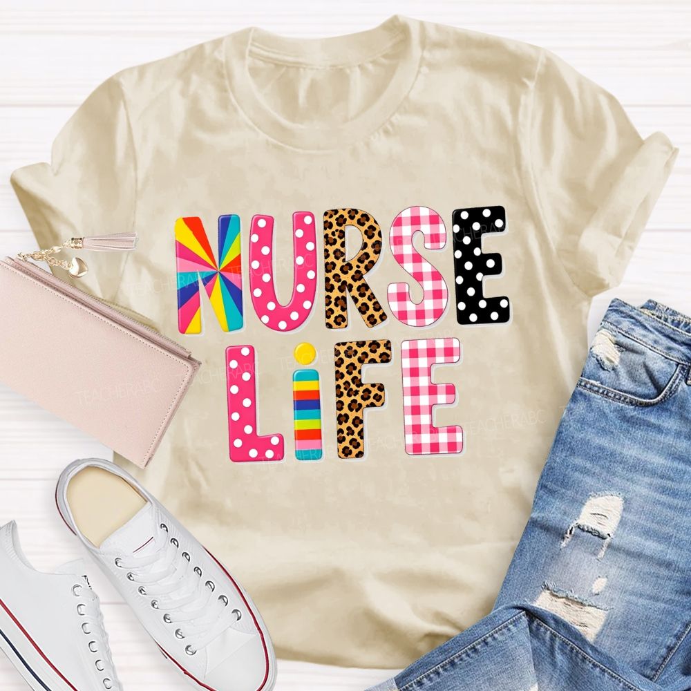 Nurse Life Pattern Letters Leopard Plaid Rainbow T-shirt