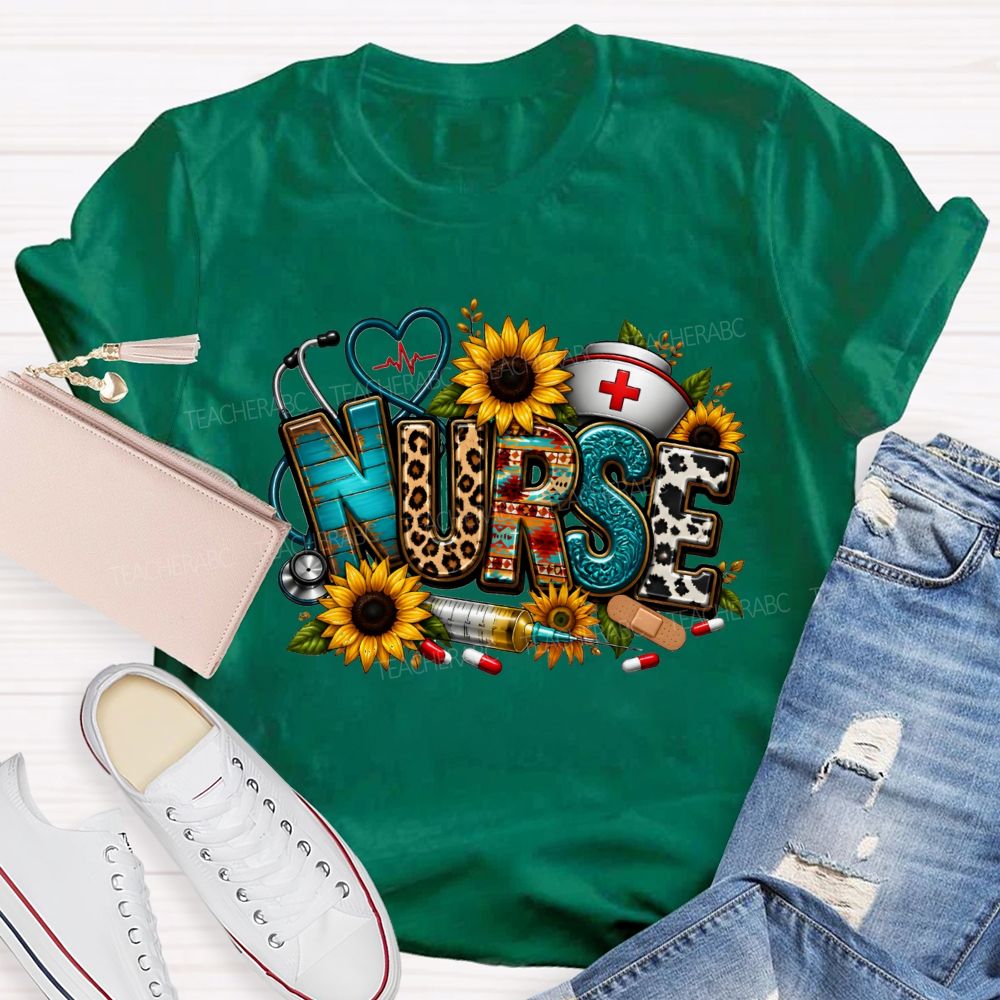 School Nurse Sunflower Leopard Letter Stethoscope T-shirt