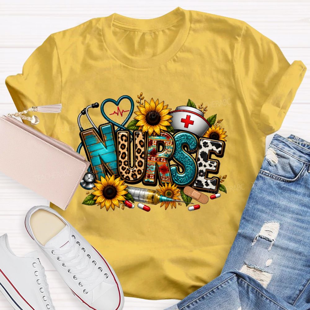School Nurse Sunflower Leopard Letter Stethoscope T-shirt