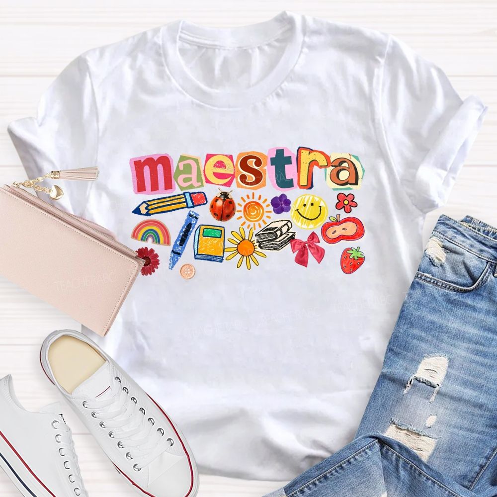 Colorful Maestra Doodle Letters School Supplies Teacher T-shirt